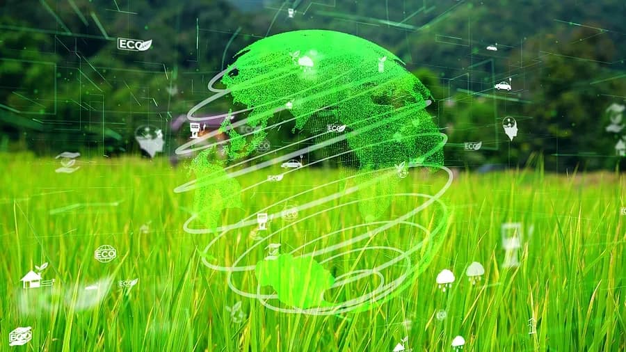 fond herbeux avec un globe vert entouré d'icônes liées à l'écologie