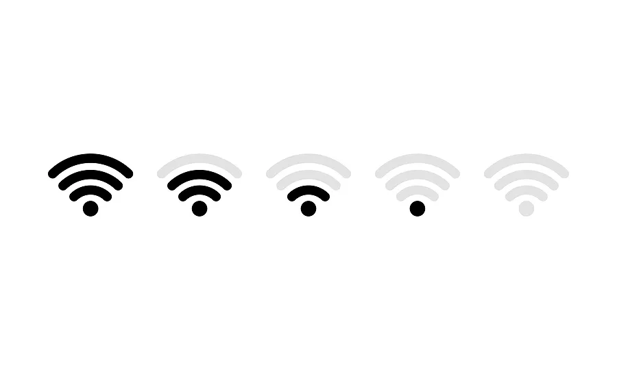 cinq icônes de signal Wi-Fi alignées, dont la puissance diminue de gauche à droite