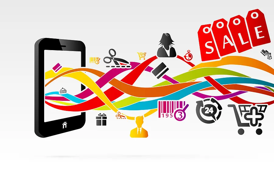 Illustration d'un smartphone sur lequel des rubans colorés relient des icônes représentant des achats, des étiquettes de soldes, un code-barres et des symboles de panier