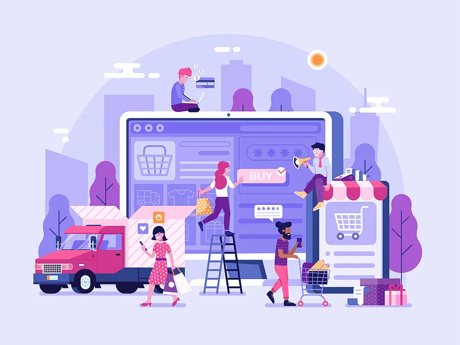 Illustration représentant des consommateurs achetant des smartphones en ligne, montrant un grand écran de téléphone avec un bouton « Acheter », des paniers d'achat, un camion de livraison et des personnes comparant les offres et leurs achats.