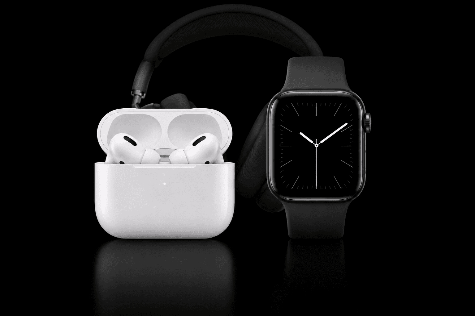 AirPods, casques circum-auriculaires et Apple Watch en noir