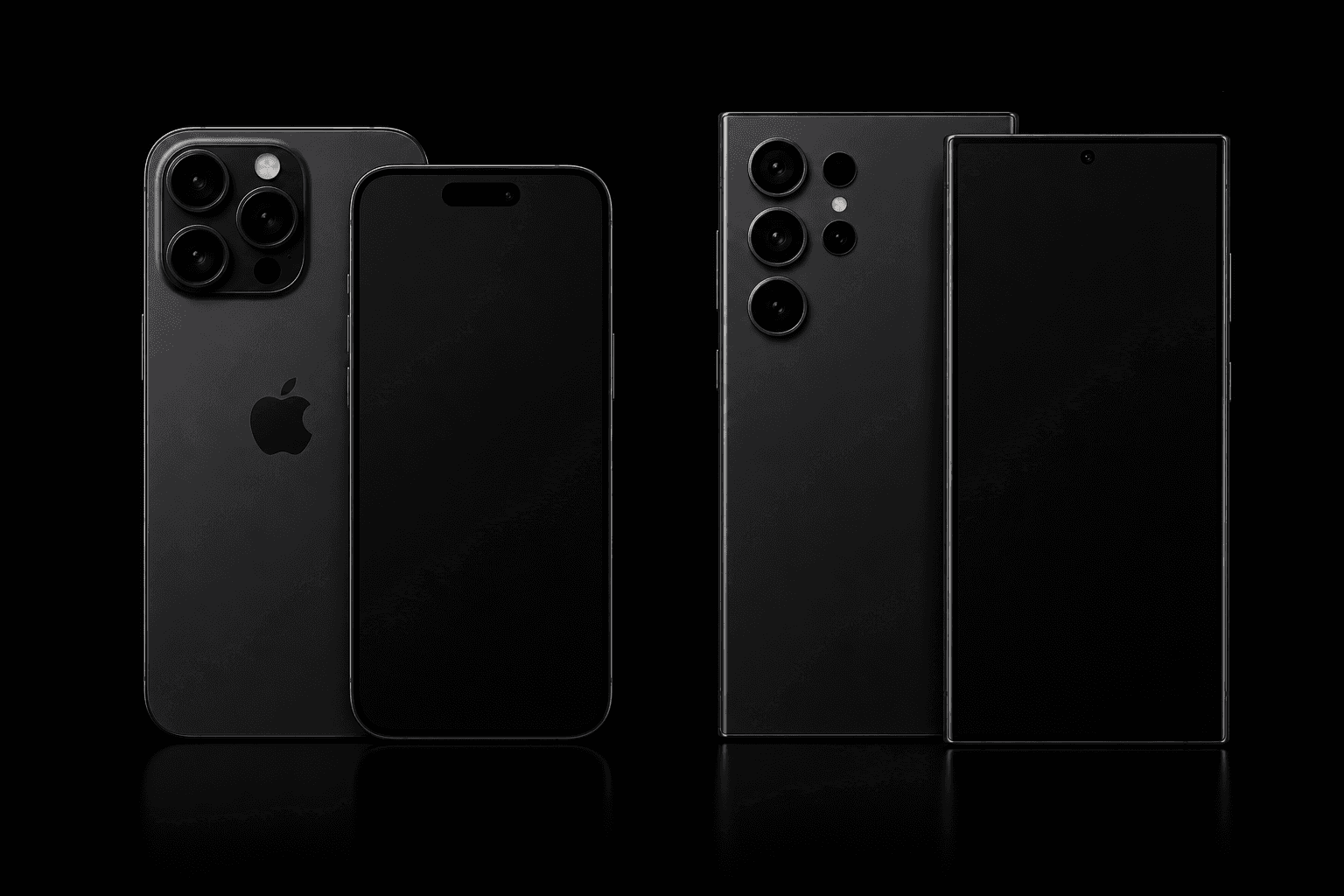 Téléphones — iPhone Pro et Samsung Galaxy en noir