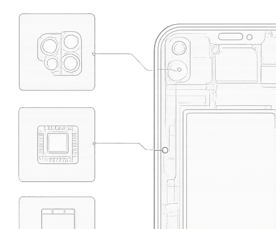 Schéma éclaté d'un téléphone montrant ses composants internes